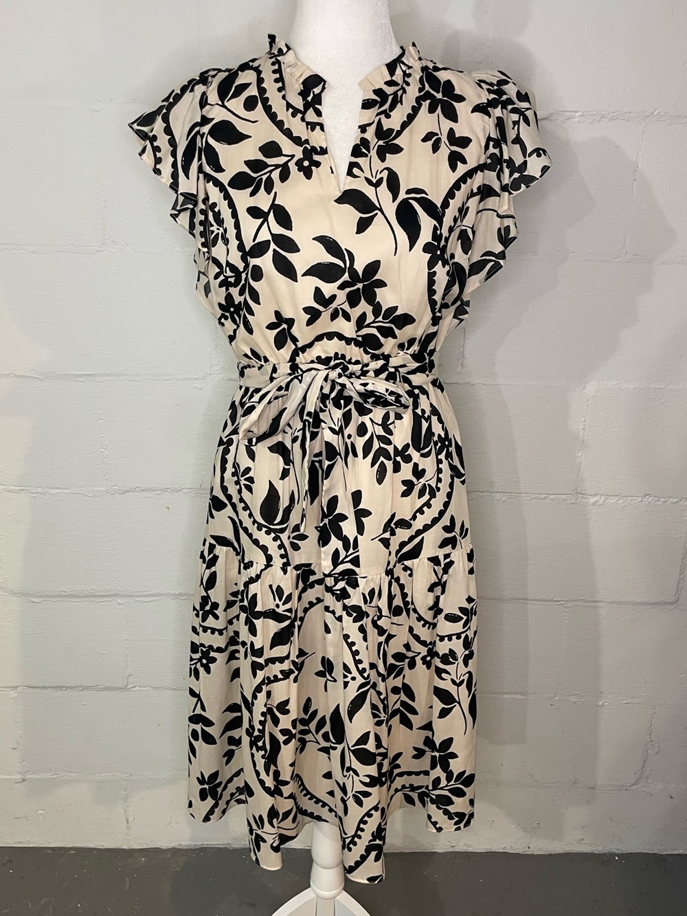 Ann Taylor Cream Midi Dress with Black Botanical Print